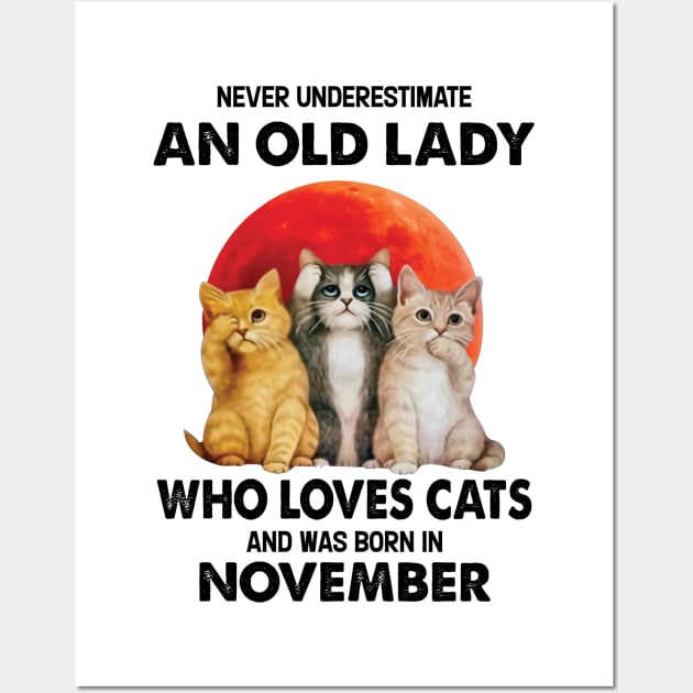 Never Underestimate An Old Lady Who Loves Cats And Was Born In November Wall Art by Bunzaji